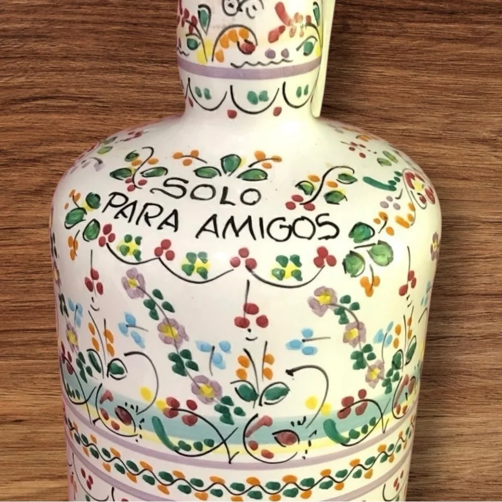 Vintage RARE CRUZ Spain Bohemian Floral Hand Painted Set Shot 6 Cups & Bottle